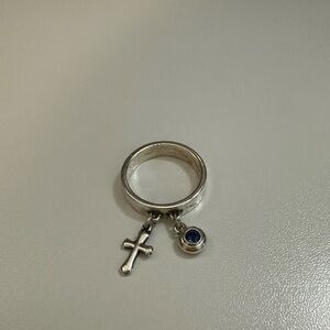 James Avery double charm ring - cross and sapphire - size 8